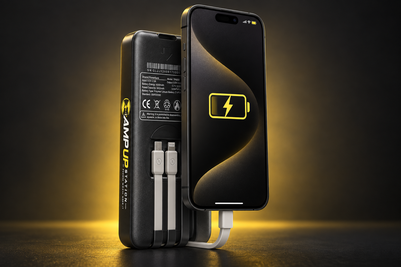 Amp Up Station portable power bank with built-in USB-C and Lightning cables plugged into a phone