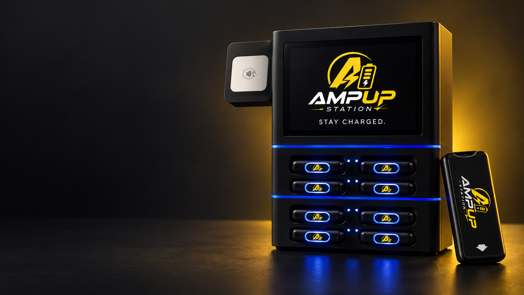Amp Up Station charging kiosk with eight portable power banks and a contactless card reader