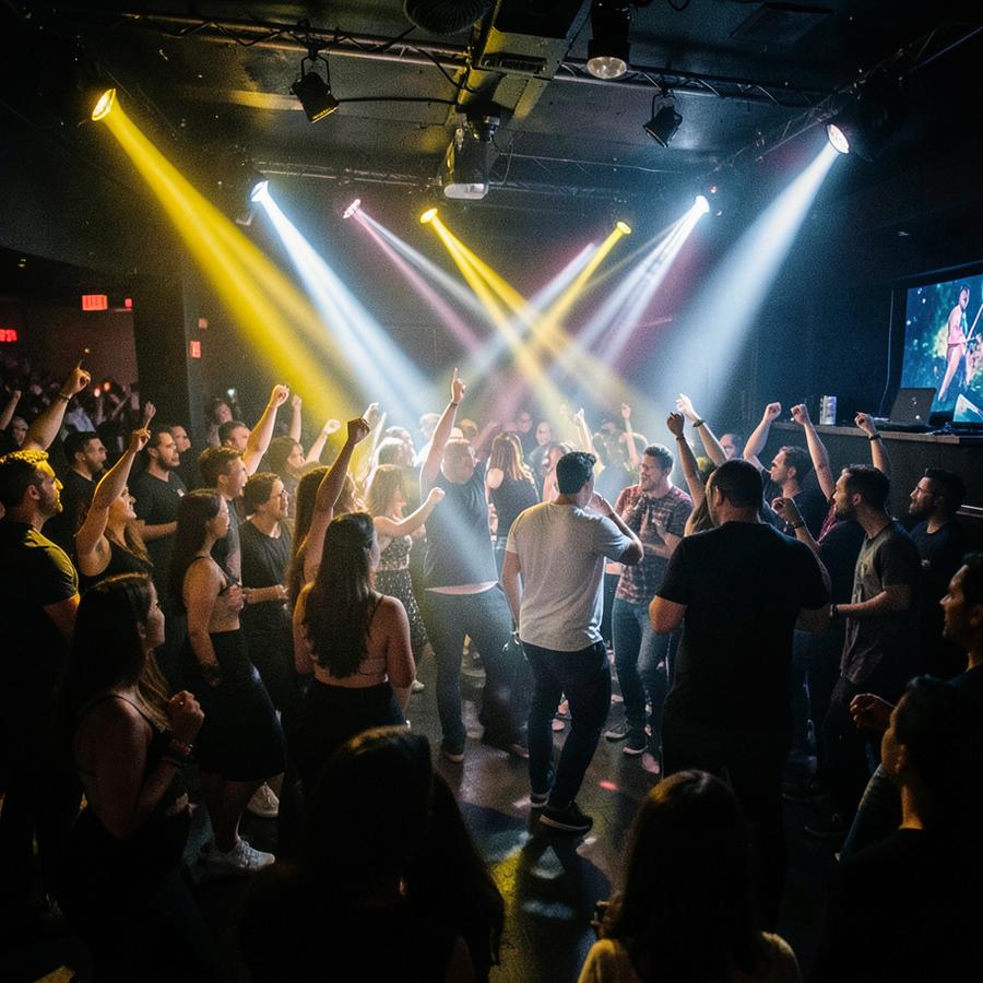 A crowd dancing under stage lights in a nightclub